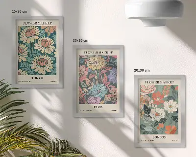 Blomsterposters Tokyo Paris London tavelvägg med 3 tavlor