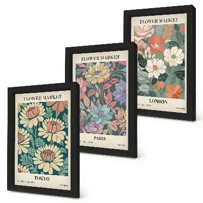 Blomsterposters Tokyo Paris London tavelvägg med 3 tavlor