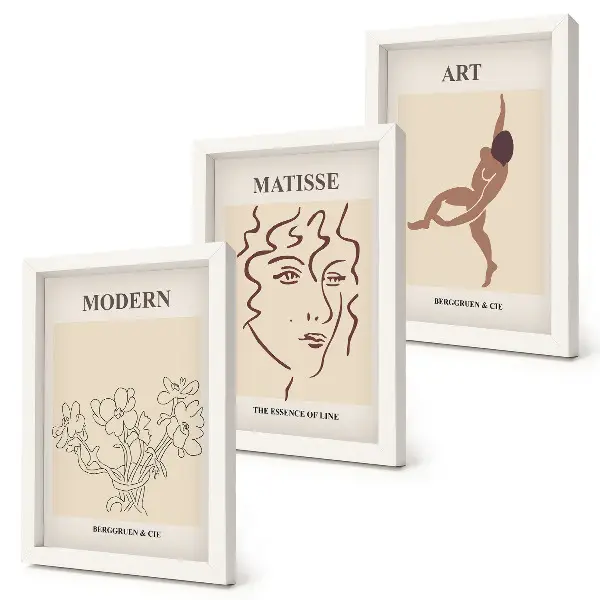 Triptyk tavla med ram grafik med blommor, ansikten och mänskliga figurer