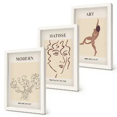 Triptyk tavla med ram grafik med blommor, ansikten och mänskliga figurer