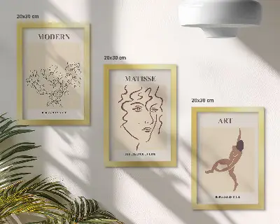 Triptyk tavla med ram grafik med blommor, ansikten och mänskliga figurer