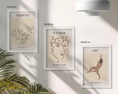 Triptyk tavla med ram grafik med blommor, ansikten och mänskliga figurer