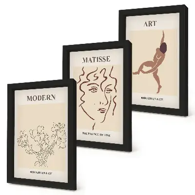 Triptyk tavla med ram grafik med blommor, ansikten och mänskliga figurer