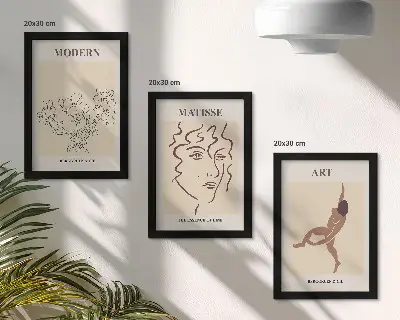 Triptyk tavla med ram grafik med blommor, ansikten och mänskliga figurer