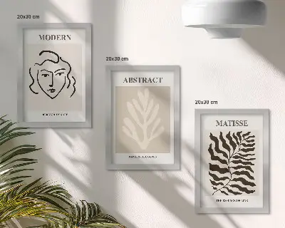 Tavelvägg med 3 tavlor med illustrationer av ansikten och löv från Henri Matisses grafiska konst