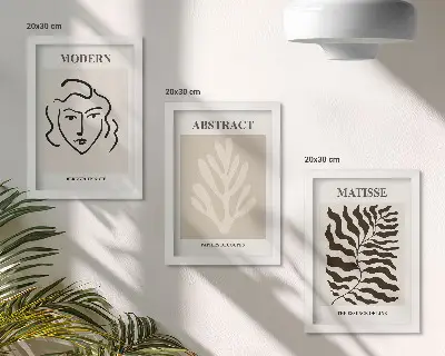 Tavelvägg med 3 tavlor med illustrationer av ansikten och löv från Henri Matisses grafiska konst