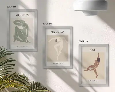 Tavelvägg med 3 tavlor i minimalistiska nyanser med snygga karaktärer