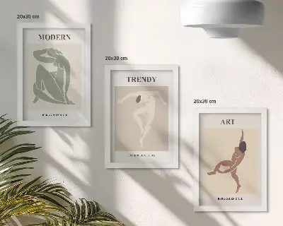 Tavelvägg med 3 tavlor i minimalistiska nyanser med snygga karaktärer