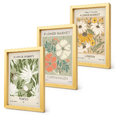 Triptyk tavla med ram Blommotiv från olika städer runt om i världen