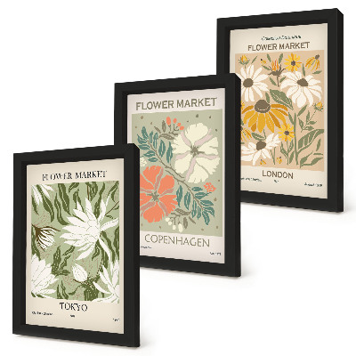 Triptyk tavla med ram Blommotiv från olika städer runt om i världen