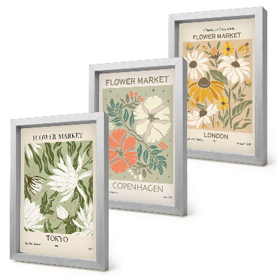 Triptyk tavla med ram Blommotiv från olika städer runt om i världen