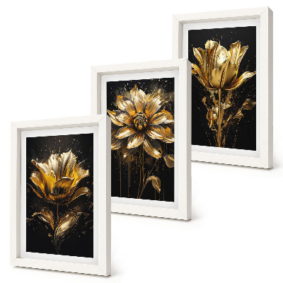 Tavelvägg med 3 tavlor Blommor i gula nyanser mot en mörk bakgrund