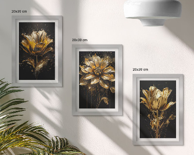 Tavelvägg med 3 tavlor Blommor i gula nyanser mot en mörk bakgrund