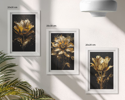 Tavelvägg med 3 tavlor Blommor i gula nyanser mot en mörk bakgrund