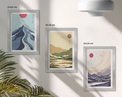Tavelvägg med 3 tavlor Berg i pastellfärger, Japandi-stil