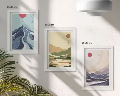 Tavelvägg med 3 tavlor bergsmotiv i pastellfärger med japandi-stil