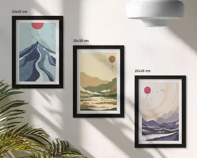 Tavelvägg med 3 tavlor bergsmotiv i pastellfärger med japandi-stil
