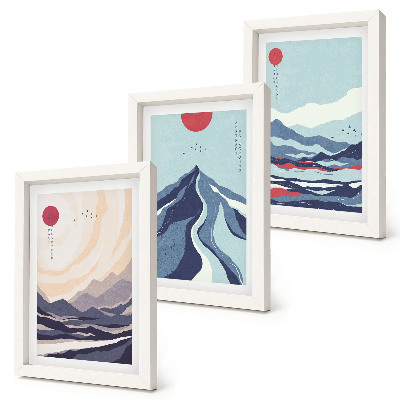 Triptyk tavla med ram Abstrakta bergslandskap i japansk stil