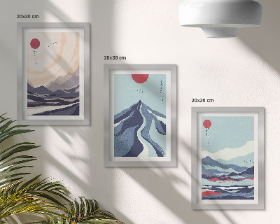 Triptyk tavla med ram Abstrakta bergslandskap i japansk stil