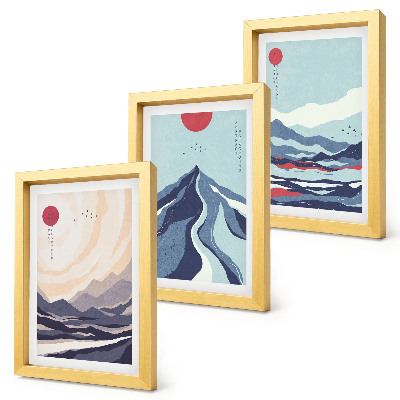 Triptyk tavla med ram Abstrakta bergslandskap i japansk stil