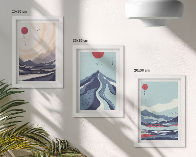 Triptyk tavla med ram Abstrakta bergslandskap i japansk stil