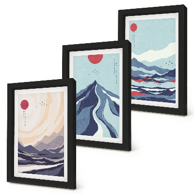 Triptyk tavla med ram Abstrakta bergslandskap i japansk stil