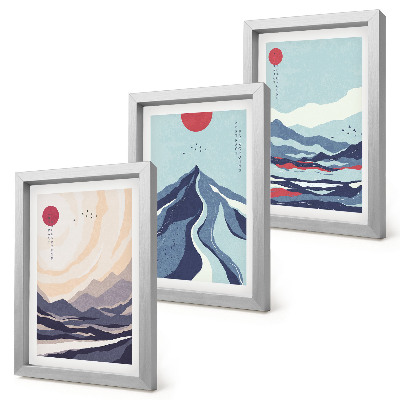 Triptyk tavla med ram Abstrakta bergslandskap i japansk stil