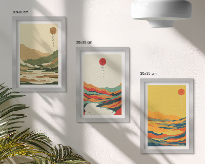 Tavelvägg med 3 tavlor Färgglada mönster av berg och floder i Japandi-stil