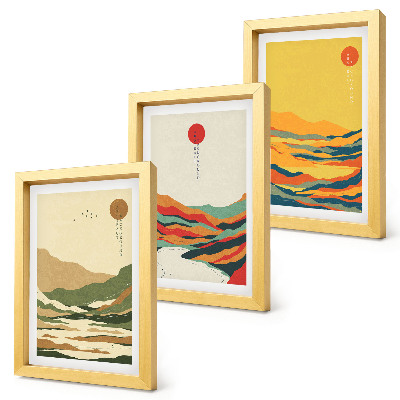 Tavelvägg med 3 tavlor Färgglada mönster av berg och floder i Japandi-stil