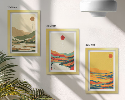 Tavelvägg med 3 tavlor Färgglada mönster av berg och floder i Japandi-stil