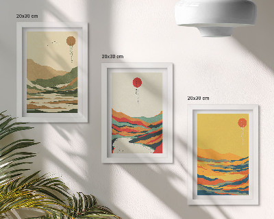 Tavelvägg med 3 tavlor Färgglada mönster av berg och floder i Japandi-stil