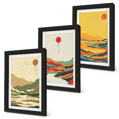 Tavelvägg med 3 tavlor Färgglada mönster av berg och floder i Japandi-stil