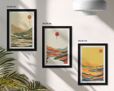 Tavelvägg med 3 tavlor Färgglada mönster av berg och floder i Japandi-stil