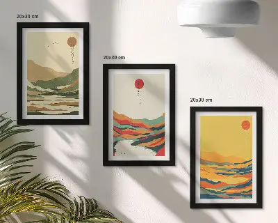 Tavelvägg med 3 tavlor färgglada mönster av berg och floder i japandistil