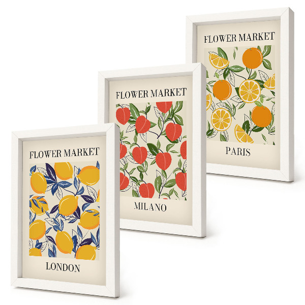 Triptyk tavla med ram Blomsteraffischer i London, Milano och Paris