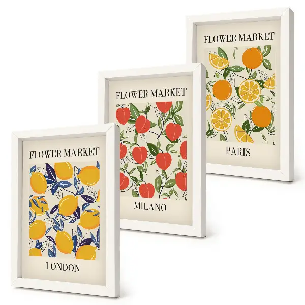 Triptyk med ram blomsteraffischer med motiv från London, Milano och Paris