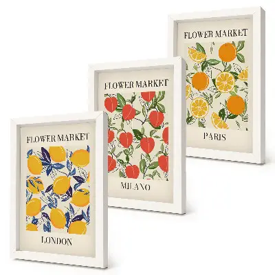 Triptyk med ram blomsteraffischer med motiv från London, Milano och Paris