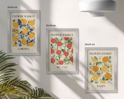 Triptyk tavla med ram Blomsteraffischer i London, Milano och Paris