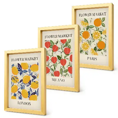 Triptyk med ram blomsteraffischer med motiv från London, Milano och Paris