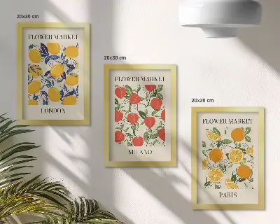 Triptyk med ram blomsteraffischer med motiv från London, Milano och Paris