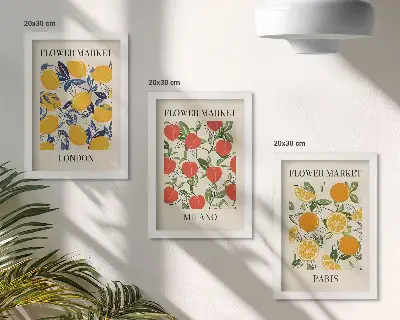 Triptyk med ram blomsteraffischer med motiv från London, Milano och Paris