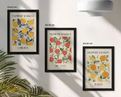 Triptyk med ram blomsteraffischer med motiv från London, Milano och Paris