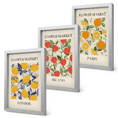 Triptyk tavla med ram Blomsteraffischer i London, Milano och Paris
