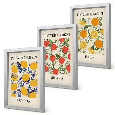 Triptyk med ram blomsteraffischer med motiv från London, Milano och Paris