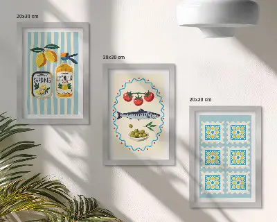 Tavelvägg med 3 tavlor med illustrationer i medelhavsstil för kök