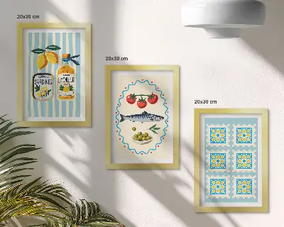 Tavelvägg med 3 tavlor med illustrationer i medelhavsstil för kök
