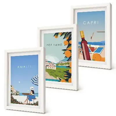Tavelvägg med 3 tavlor med motiv av semesterutsikt över Amalfi, Positano och Capri