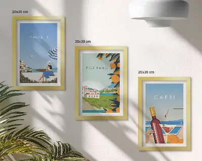Tavelvägg med 3 tavlor med motiv av semesterutsikt över Amalfi, Positano och Capri