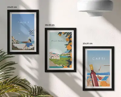 Tavelvägg med 3 tavlor med motiv av semesterutsikt över Amalfi, Positano och Capri