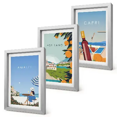 Tavelvägg med 3 tavlor med motiv av semesterutsikt över Amalfi, Positano och Capri